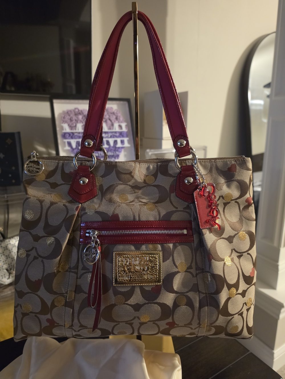 Coach Signature Canvas Tote with Red Leather Trim